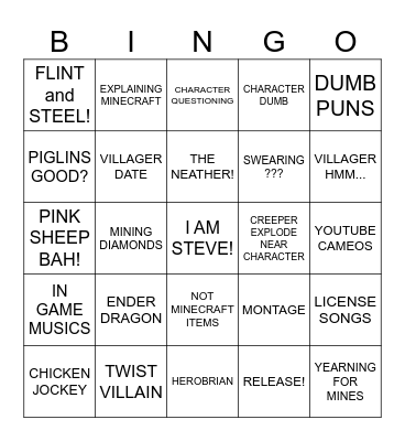 MINECRAFT MOVIE Bingo Card