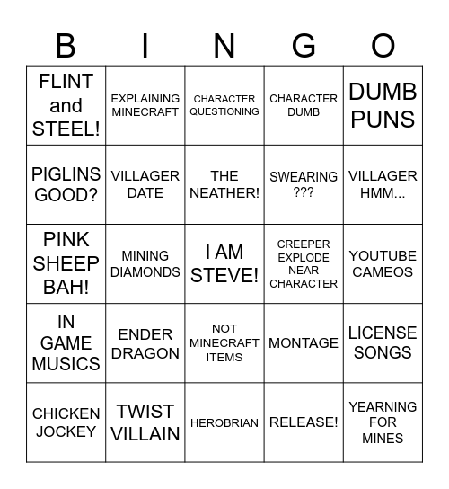 MINECRAFT MOVIE Bingo Card