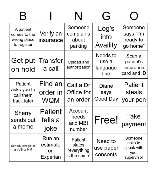 Patient Access Bingo Card