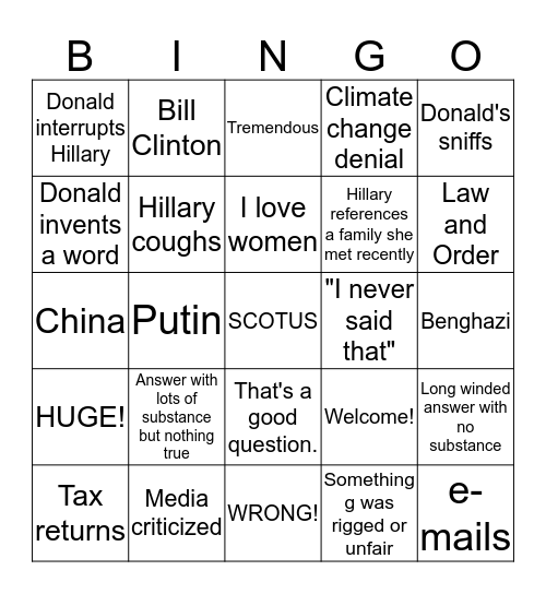 No Bake Pres Debate Bingo Card