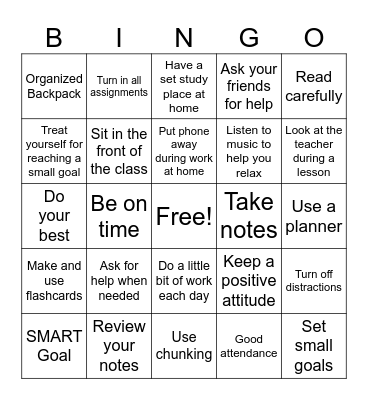 Study Skills Bingo Card