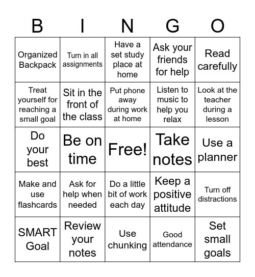 Study Skills Bingo Card
