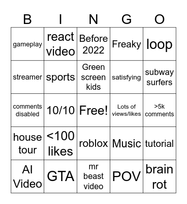 YT shorts Bingo Card