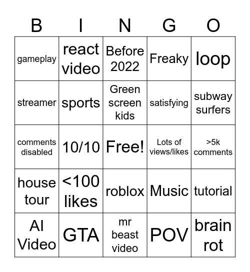 YT shorts Bingo Card