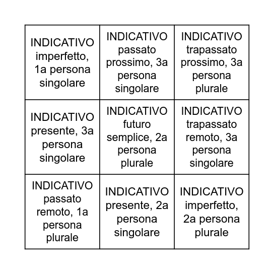 Indicativo 2 Bingo Card