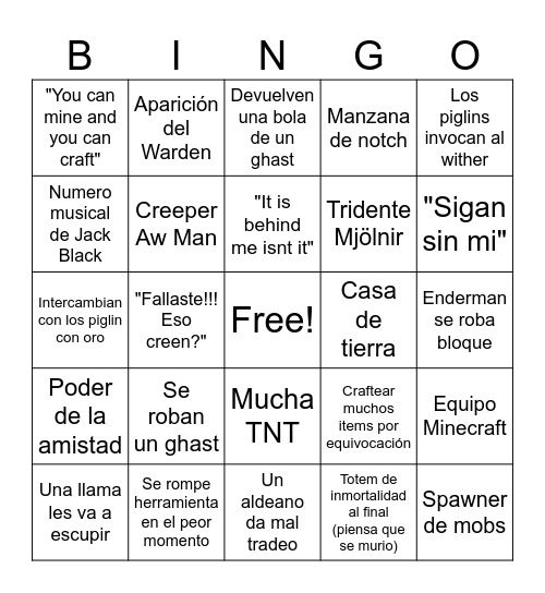 Minecraft Movie Bingo Card
