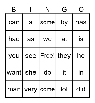 Sight Words Bingo Card