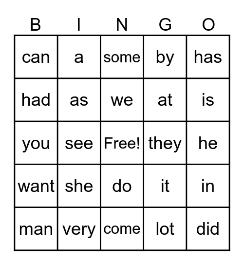 Sight Words Bingo Card