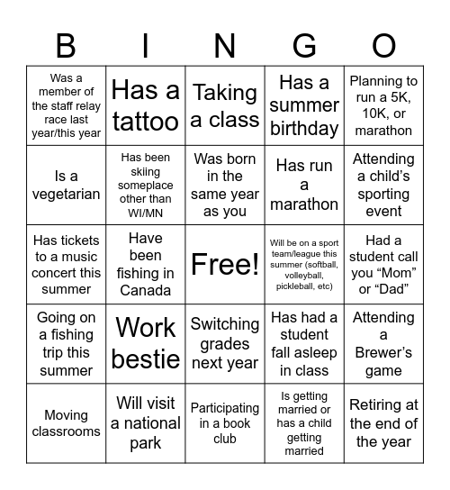 Staff Bingo Card