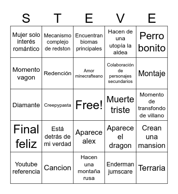 Minecraft movie Bingo Card