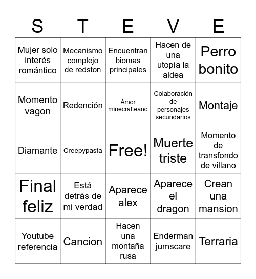 Minecraft movie Bingo Card