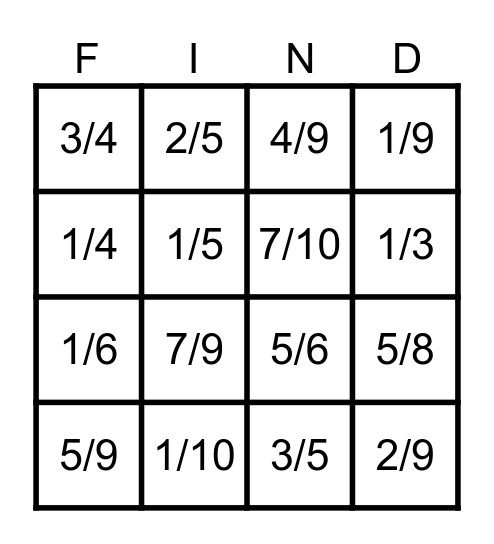 Fraction Finder Bingo Card