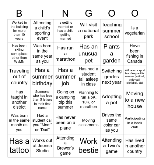 Staff Bingo Card