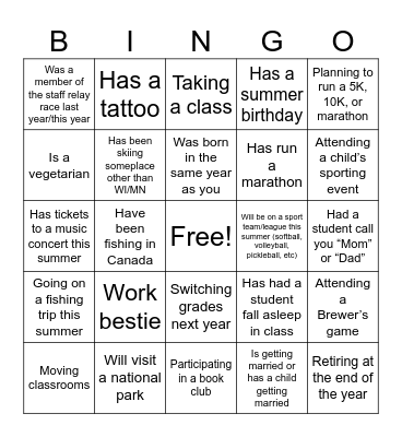 Staff Bingo Card