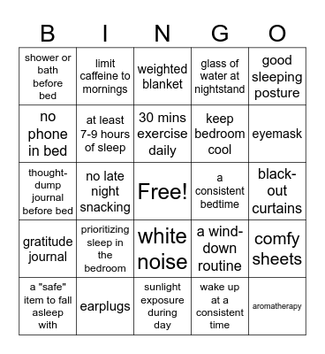 Sleep Hygiene Bingo Card
