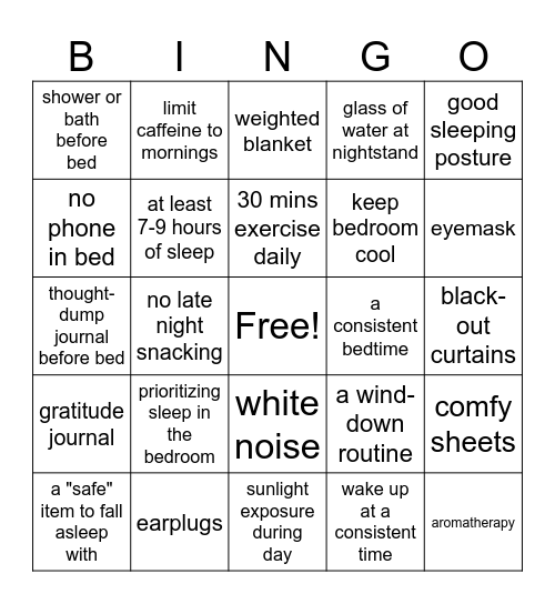 Sleep Hygiene Bingo Card