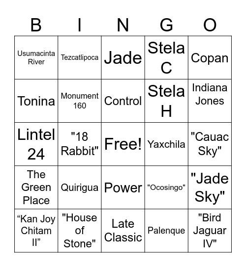 Quirigua, Tonina, Yaxchila Bingo Card