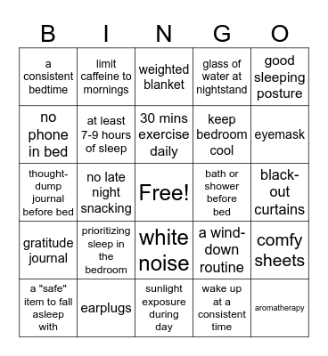 Sleep Hygiene Bingo Card