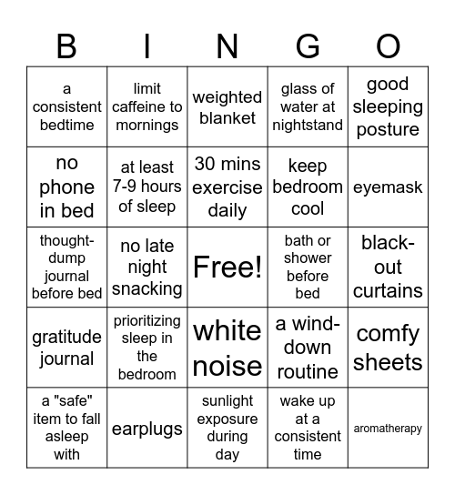 Sleep Hygiene Bingo Card