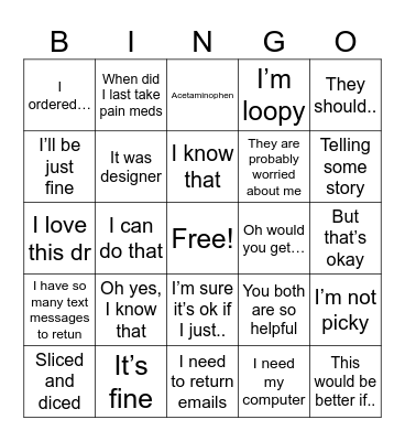 Home from the Hospital Bingo Card
