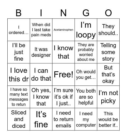 Home from the Hospital Bingo Card
