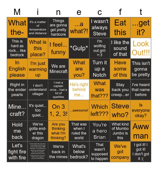 Minecraft Movie Zinger Bingo Card
