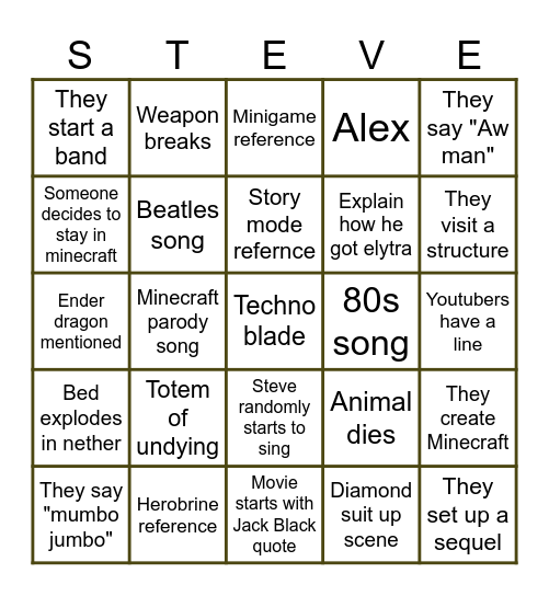 A Minecraft Movie Bingo Card