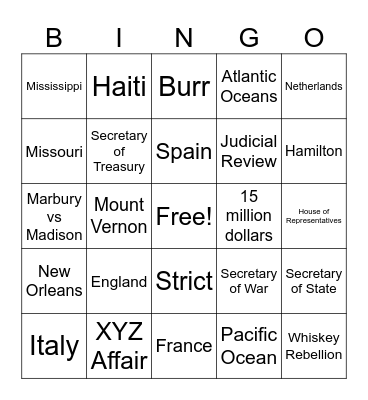 Washington to Jefferson Bingo Card