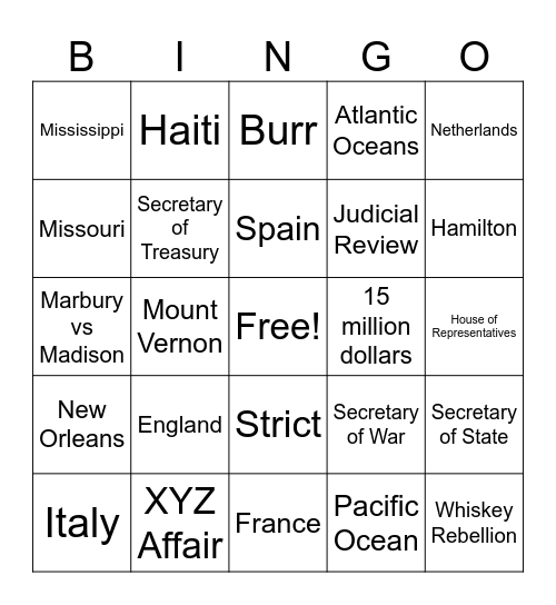 Washington to Jefferson Bingo Card