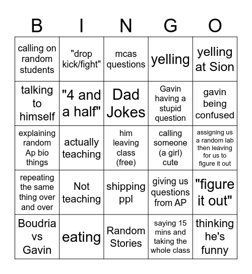 Boudria Bingo Card