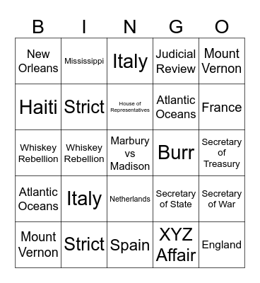 Washington to Jefferson Bingo Card