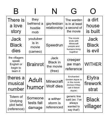 Minecraft Movie Bingo Card