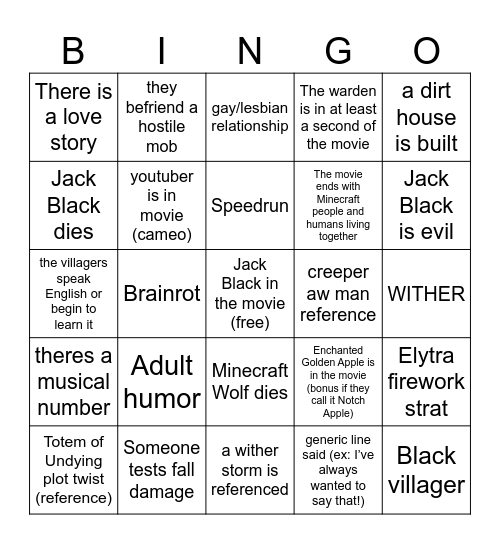 Minecraft Movie Bingo Card