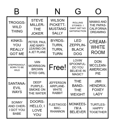PYSCHADELIC ROCK HITS OF THE 60S AND 70S Bingo Card