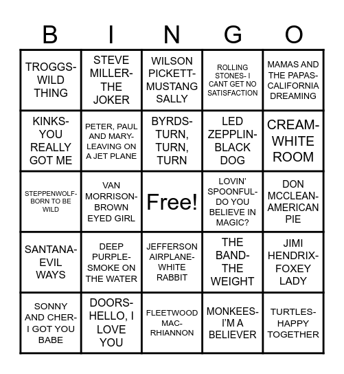 PYSCHADELIC ROCK HITS OF THE 60S AND 70S Bingo Card