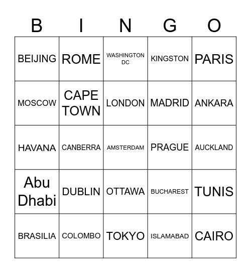CAPITAL CITIES OF THE WORLD Bingo Card