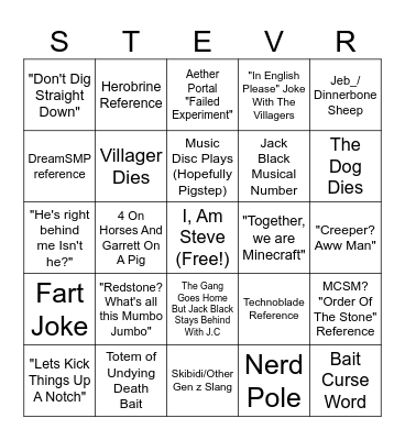 Jack Minecraft Bingo Card