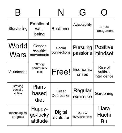 Centenarian Bingo Card
