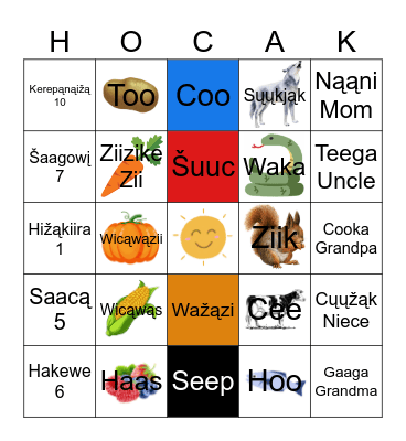 Hocak language BINGO Card