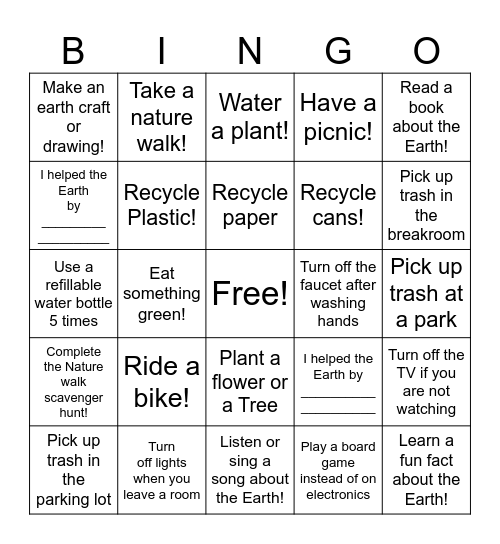 Earth Day Bingo Card