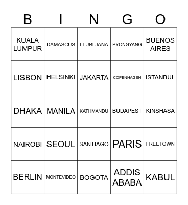 CAPITAL CITIES OF THE WORLD Bingo Card