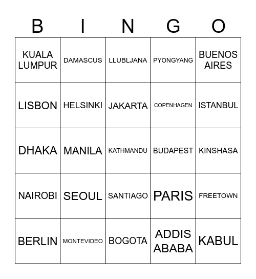 CAPITAL CITIES OF THE WORLD Bingo Card