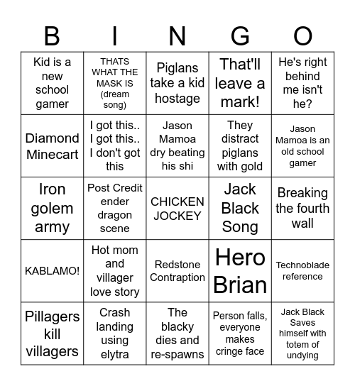 minecraft movie bingo card Bingo Card