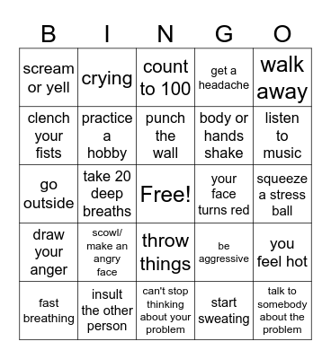 Anger Signs and Solutions Bingo Card