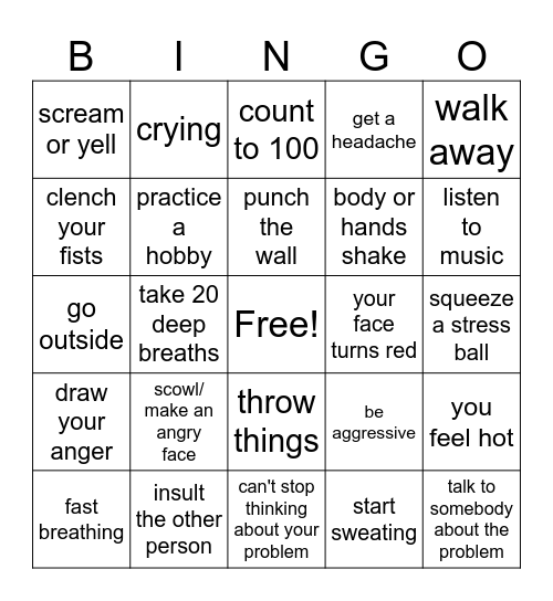 Anger Signs and Solutions Bingo Card