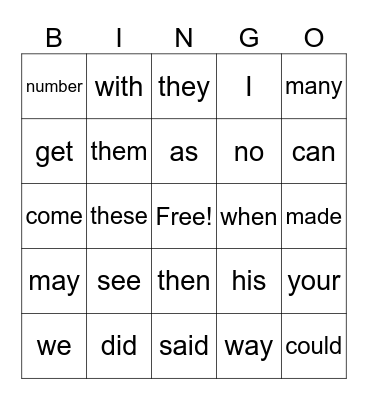 100 English Words Bingo Card