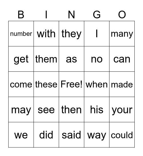 100 English Words Bingo Card