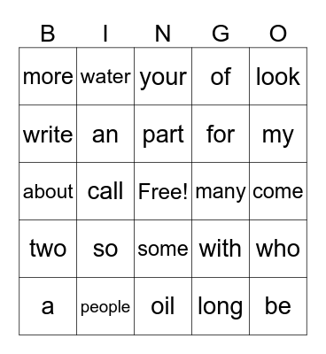 100 English Words Bingo Card