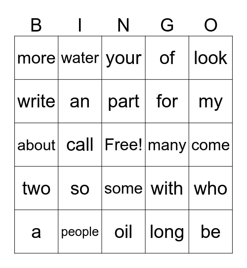100 English Words Bingo Card
