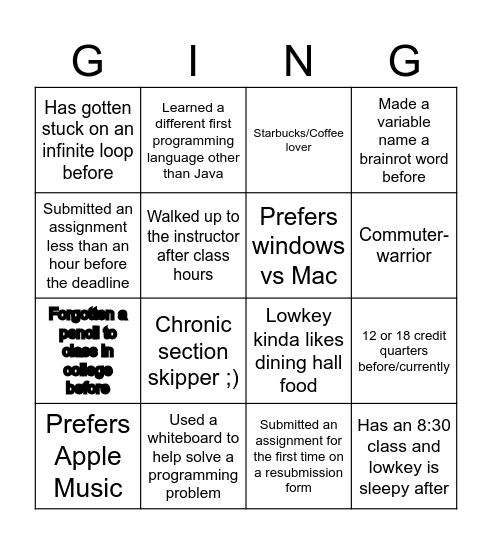 cse 12x TA Bingo Card